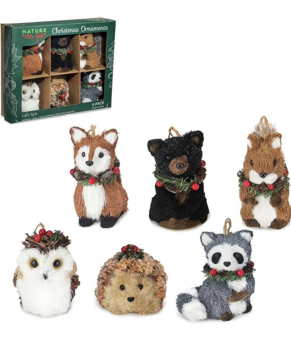 Sisal Woodland Animals Christmas Ornaments Set of 6 Rustic Forest Decor